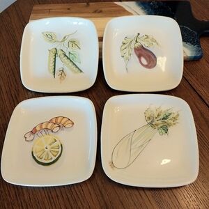 Set of 4 Decorative Vegetable-Themed Square Appetizer Plates - White